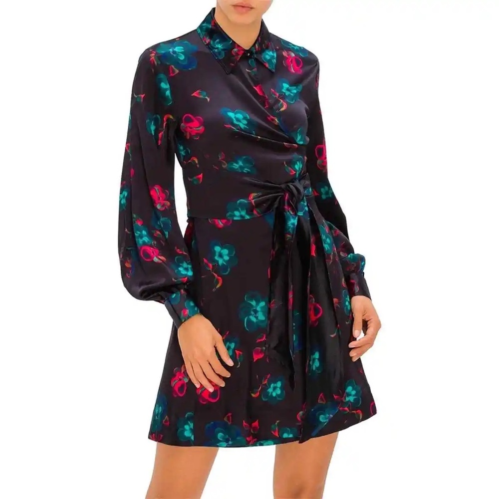 GANNI Black Floral Satin Wrap Dress